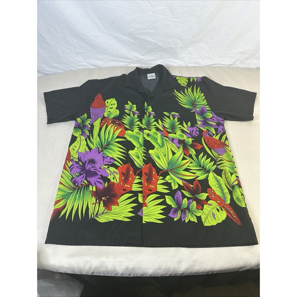 HIGH SEAS Short Sleeve Hawaiian Button Up Camp Shirt Black/Tropical Men's Size L